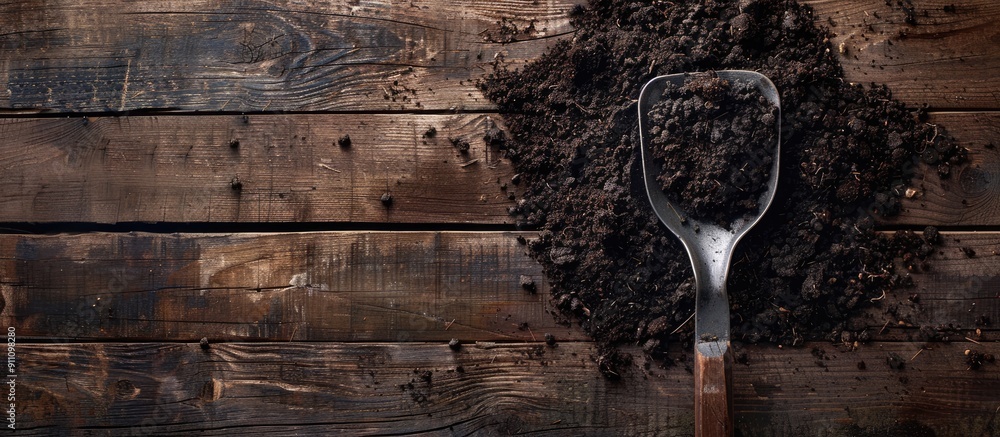 Poster top view of a metal shovel with soil displayed on a wooden table with space for text in the image. c