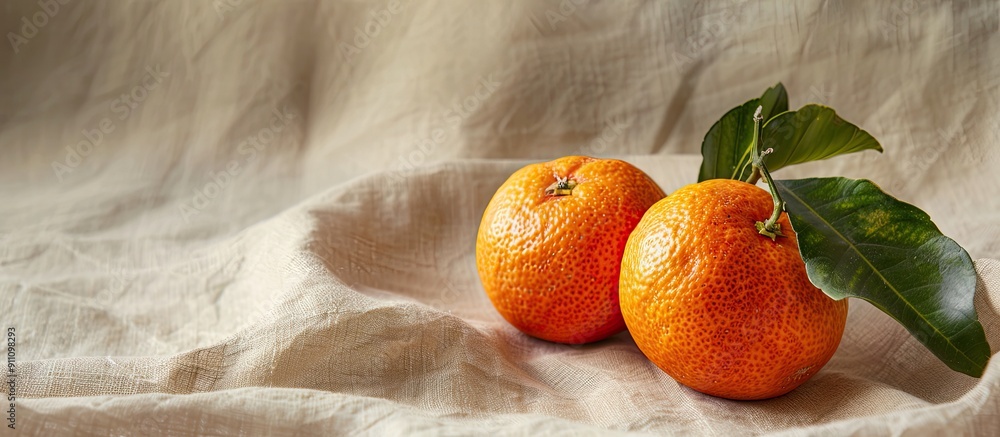 Poster tangerines on a linen background offering copy space image