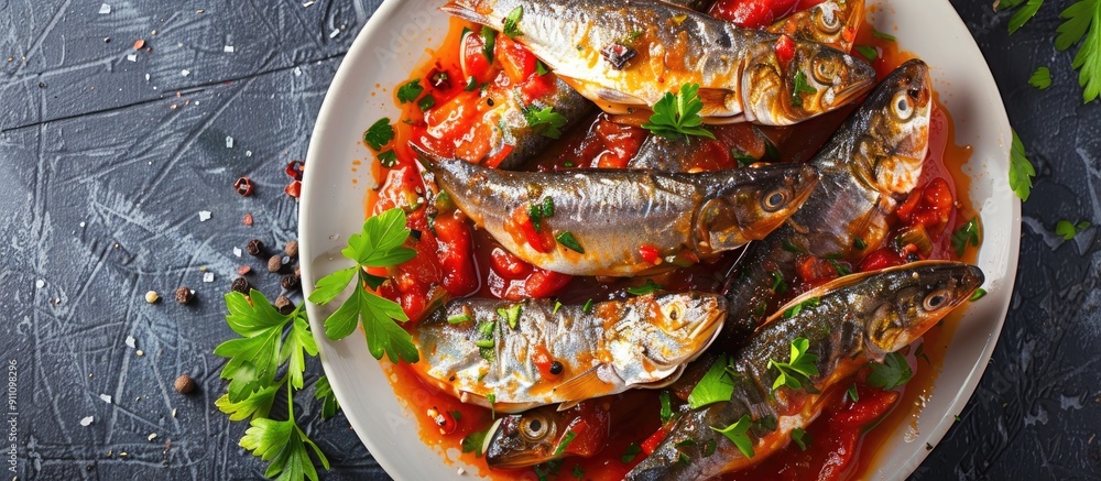 Poster a top down view of sardines cooked in tomato sauce with spices ideal for lunch or dinner fitting int