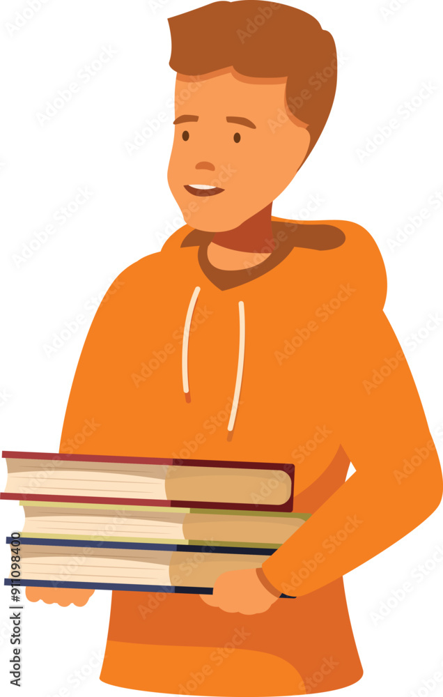Poster young student is smiling while carrying a stack of books, eager to learn and gain knowledge
