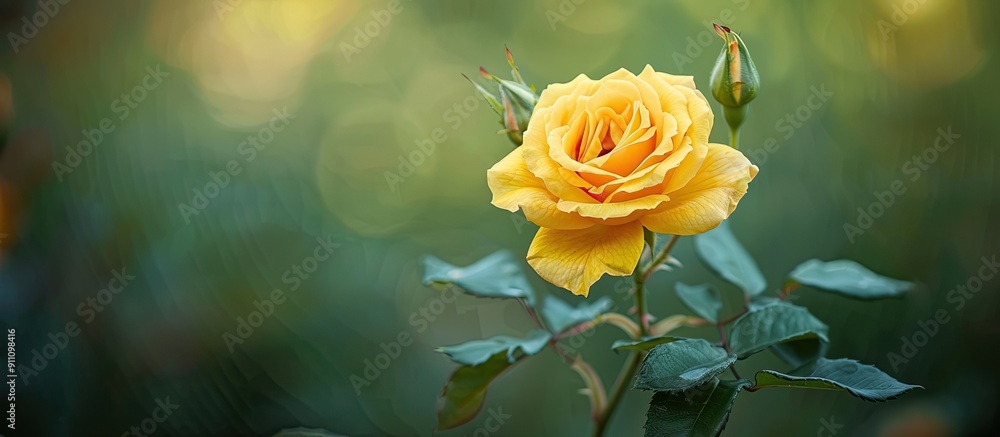 Wall mural A single yellow tea rose blooming in a garden on a cloudy day set against a green background in a horizontal close up outdoor shot with copy space image available