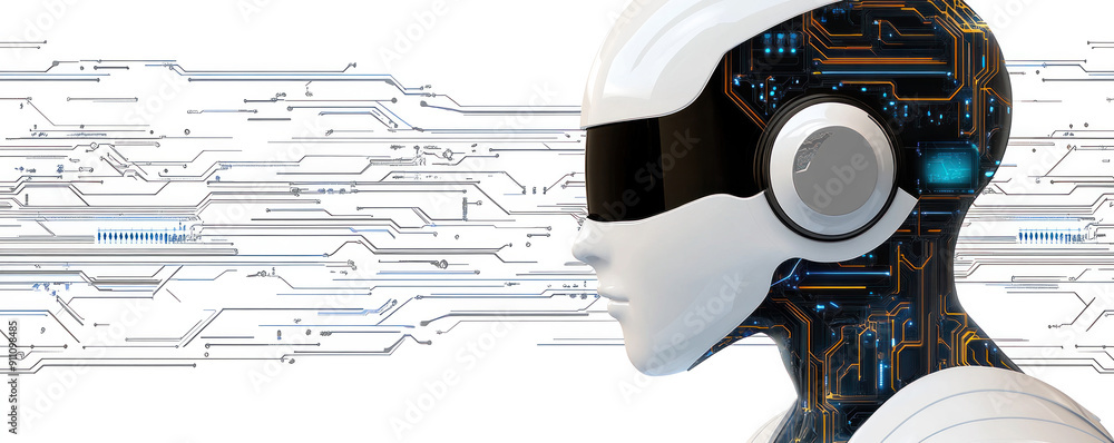 Poster a robot with a white helmet and a black face is looking at the camera. the robot is surrounded by a 