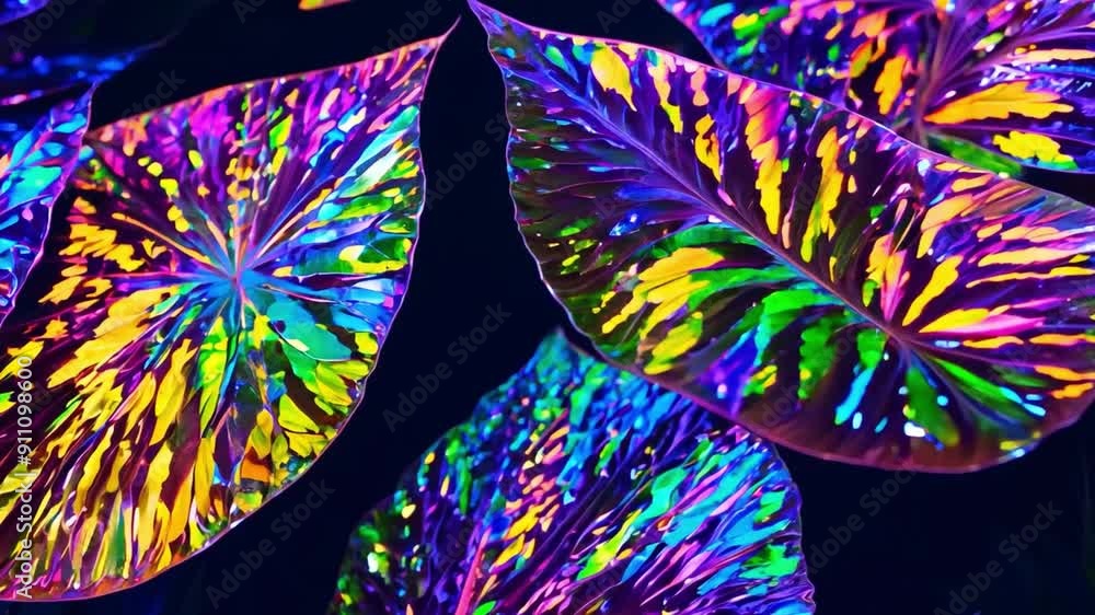Poster this leaves glow with bright neon colors in a dark setting, creating a striking visual contrast.