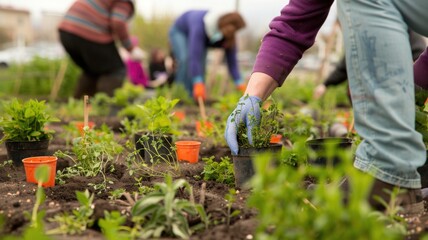 Fototapeta premium Community garden, eye-level, volunteers planting herbs in old cooking pots,