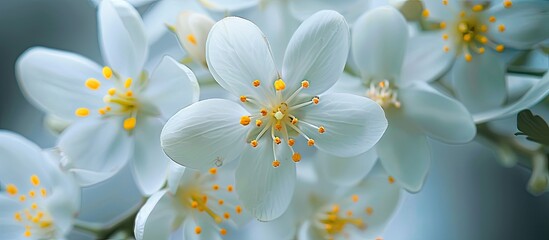 Obraz premium A close up photo of delicate white flowers showcasing yellow stamens in a natural setting emphasizing the flowers purity and beauty in the copy space image