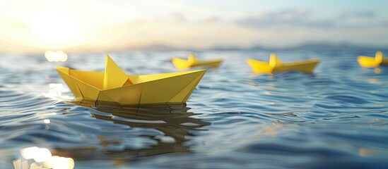 Yellow paper boat leading a fleet of small white boats symbolizing business leadership with copy space image of single individual facing a different direction as the leader