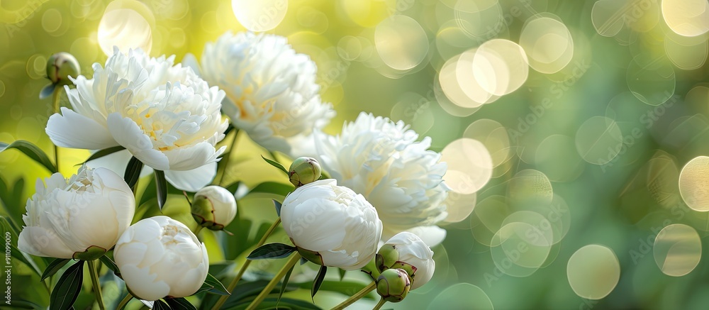 Poster close up image of white peonies in bloom with peony flowers and buds in a spring garden against a gr