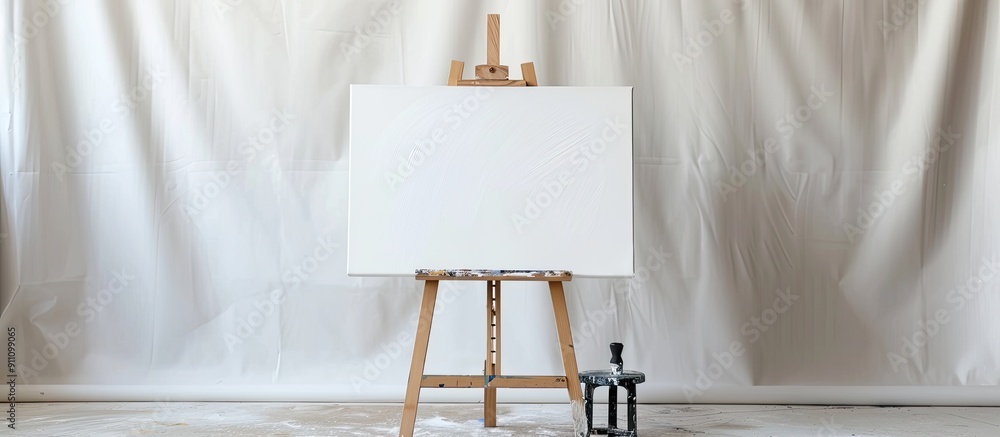 Poster a small wooden easel with a white canvas and a mini black table lamp on a white backdrop for artists