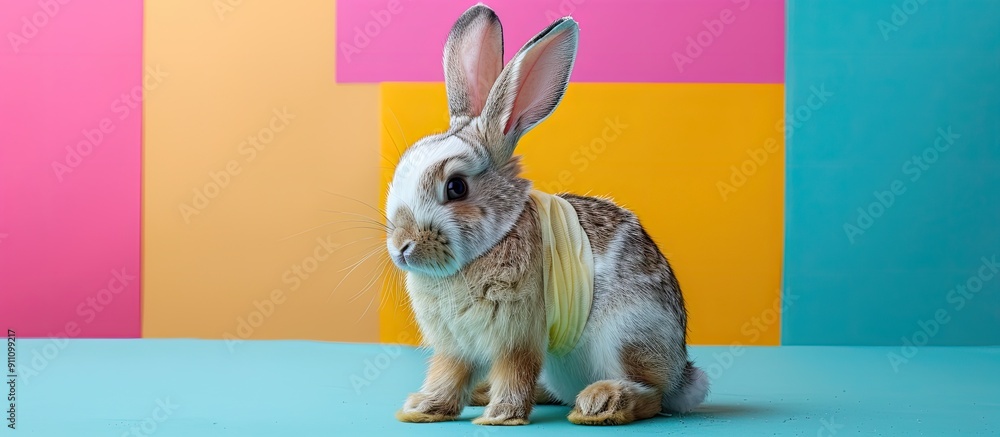 Poster plush rabbit wearing a bandage against a colorful backdrop with room for text in the copy space imag