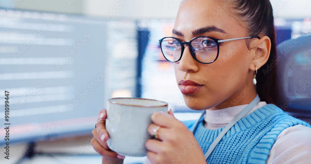 Aufkleber Programmer, woman or coffee with thinking of software development, tech programming or system update. Professional, app coding or cyber security with IT database computer for data analysis or testing