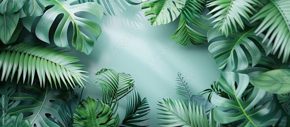 Poster paper cut style design featuring tropical leaves with a blank area for additional content like a cop
