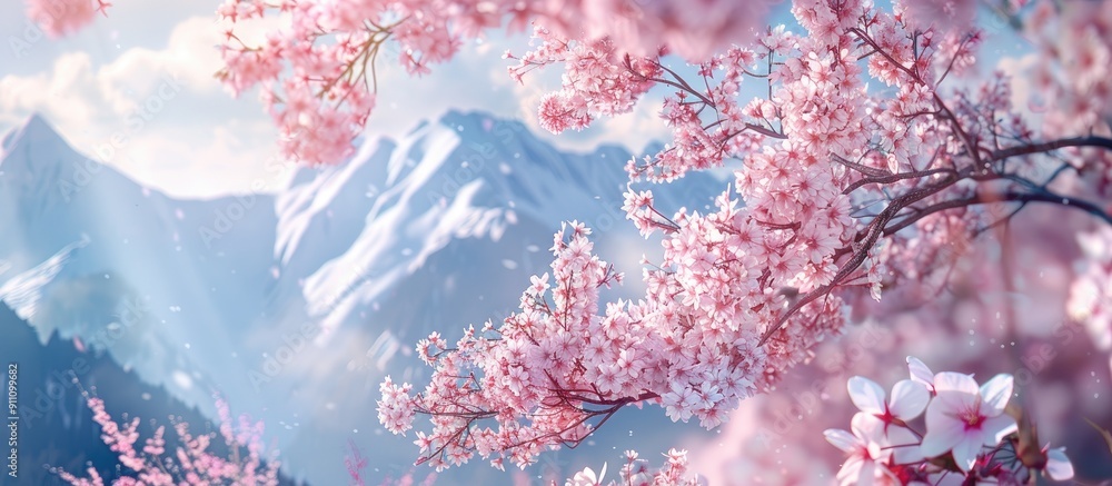 Poster scenic view of cherry blossoms with snowcapped mountains in the background creating a picturesque sc