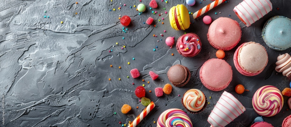 Poster colorful candies lollipops and macaroons displayed on a stone background with a clear area for addit