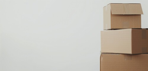 Stacked cardboard boxes on a white background, ideal for concepts of moving, packing, shipping, storage.