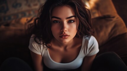 Fototapeta premium Charming and Thoughtful: Ultra-Detailed Portrait of a Woman with Dark Eyes