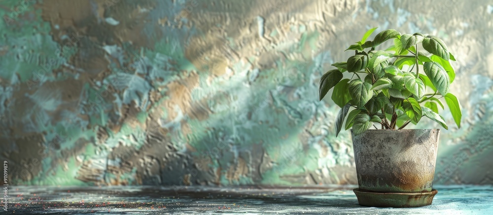 Poster A basil plant in a pot with fresh organic leaves on a textured background perfect for adding flavour to vegan dishes grown at home in the kitchen with a copy space image