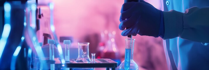 A scientist in a lab coat uses laboratory glassware and various liquids, demonstrating scientific experimentation and research within a modern laboratory.