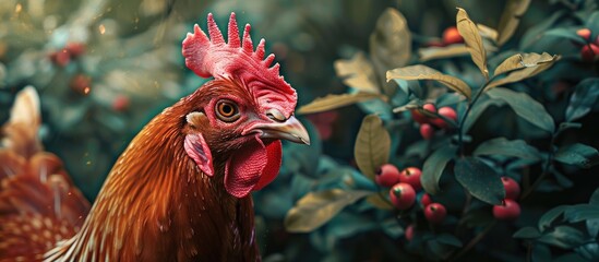 Close up image of a hen with copy space available in a bushy setting