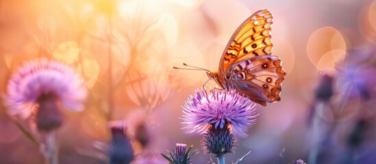 Close up of Pandora butterfly Argynnis pandora on a purple thistle flower in a field with copy space image
