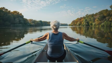 An elderly person rows steadily on a tranquil lake framed by colorful autumn trees