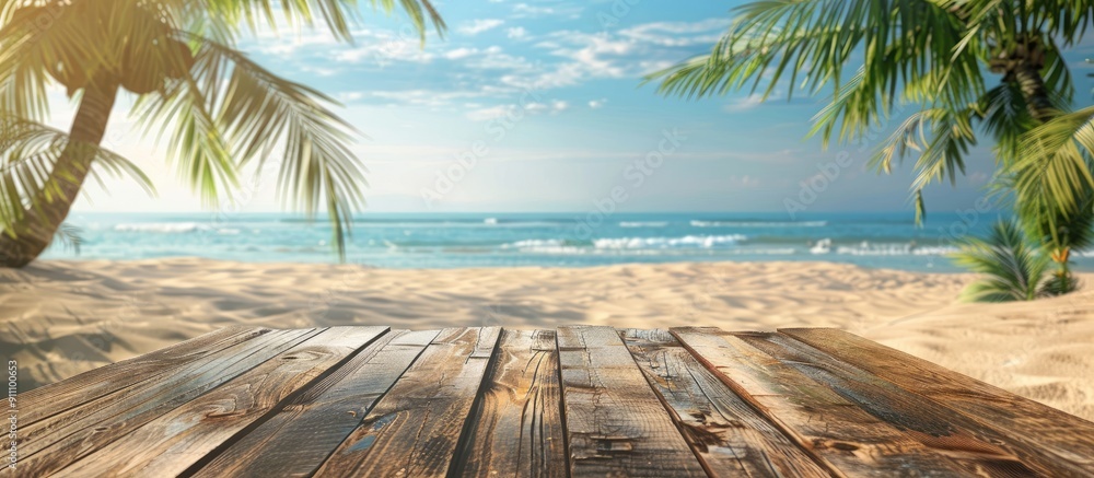Poster a wooden table top in front of a blurred summer beach backdrop creates the ideal setting for showcas