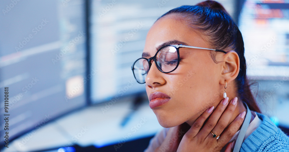 Poster woman, stress and neck pain by computer in office for programming software, fatigue and burnout of c