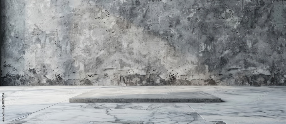 Poster studio room with gray wall and white floor featuring a concrete backdrop and table for product displ