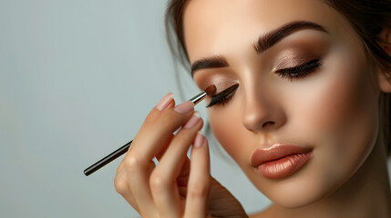 beautiful young woman applying eye makeup, subject to the right of the image,