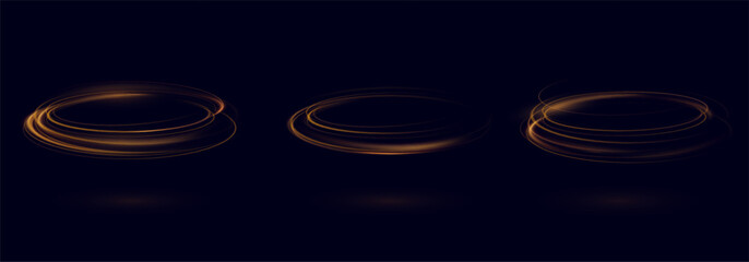 Golden glowing swirl. The effect of moving at the speed of light. Easy trail. Shiny wavy path. Vector.Neon light.
