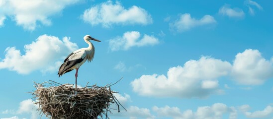 A stork perches in its nest against a vivid blue sky creating the nest with space for text or images High resolution photograph. Copy space image. Place for adding text and design © Ilgun