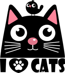 Cute black cat with large round eyes and a bird on its head 