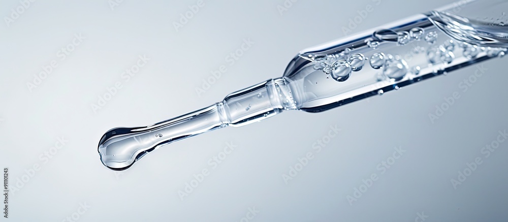 Poster close up of a glass pipette containing clear liquid on a white backdrop with room for text in the co