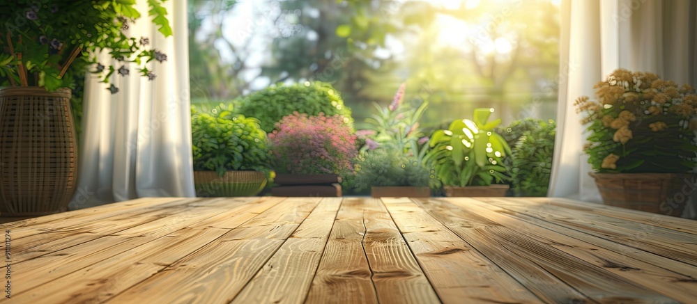 Poster the wooden table is vacant with a blurred view of a garden through a home window in the backdrop off