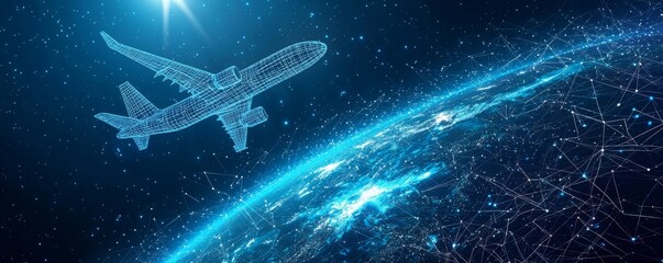 Wireframe airplane flying above Earth with digital network connections