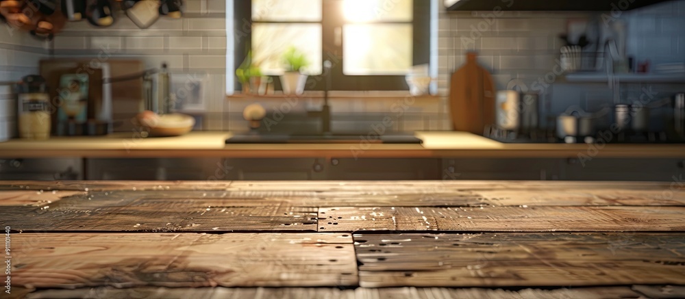 Poster wooden table surface on a blurred kitchen counter backdrop ideal for showcasing products or creating