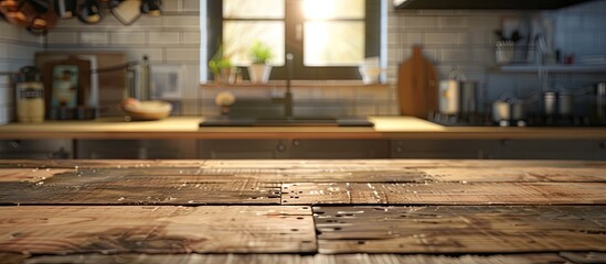 Wooden table surface on a blurred kitchen counter backdrop ideal for showcasing products or creating design visuals with copy space image
