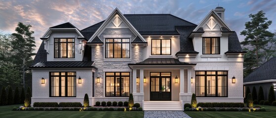 Stunning luxury home exterior with elegant lighting and manicured landscaping during sunset. A grand modern estate showcasing exquisite architecture.