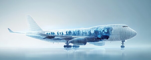 Illustration of a wireframe airplane with digital passengers onboard