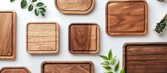 Wooden photo props trays and coasters set against a blank white copy space image