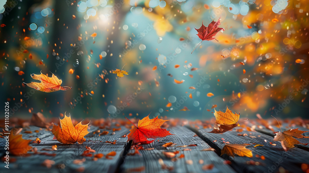 Aufkleber empty tabletop and blurred background with flying red and yellow foliage - can be used for displayin