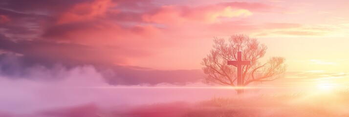 Obraz premium A cross stands silhouetted against a serene, foggy sunrise, representing a tranquil and spiritually poignant moment in the early morning mist.