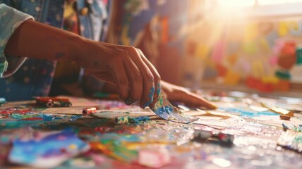 Community center, creating small recycled art items for fundraising in bright room light,