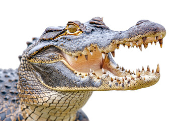 Obraz premium Close-up of a crocodile with an open mouth, showcasing sharp teeth and textured skin for wildlife photography.