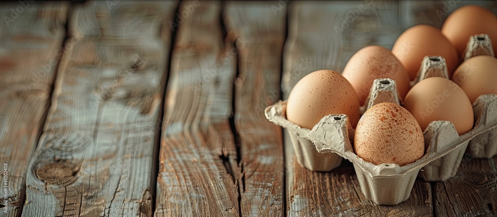 Sticker Eggs in a carton box on a wooden backdrop create a beautiful copy space image