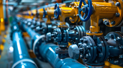 Blue industrial valves and yellow and blue piping, centered around a single central valve with a handwheel handle, highlight the complexity of industrial systems.