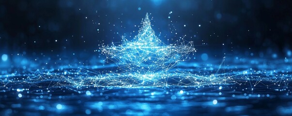 Wireframe Aquarius symbol emerging in glowing blue light and constellation