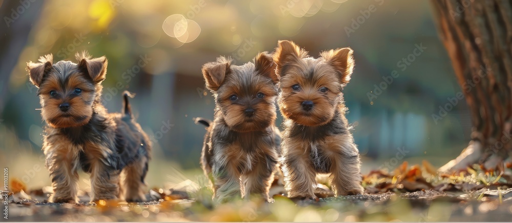 Poster adorable yorkshire terrier puppies roaming outside in a charming setting creating a delightful scene