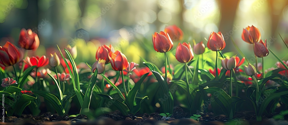 Poster tulips blooming in a flower bed are greening the urban landscape with a background in soft focus and