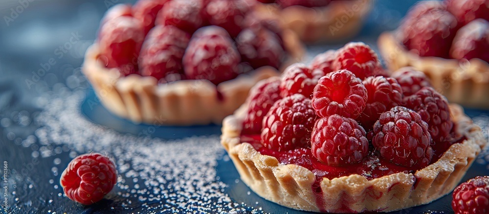 Sticker Small tartlets containing fresh raspberries on top of a berry fruit cake copy space image included