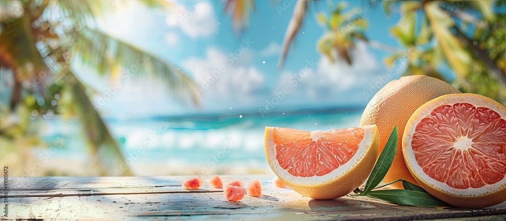 Aufkleber copy space image featuring halved grapefruits on a table with a blurred tropical beach and sea in th